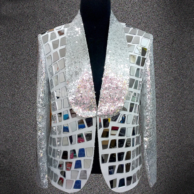 Male White Mirror Blazers Coat Outfit Silver Sequins prom party show singer jacket Performing Bar Rock Singer Stage Costumes