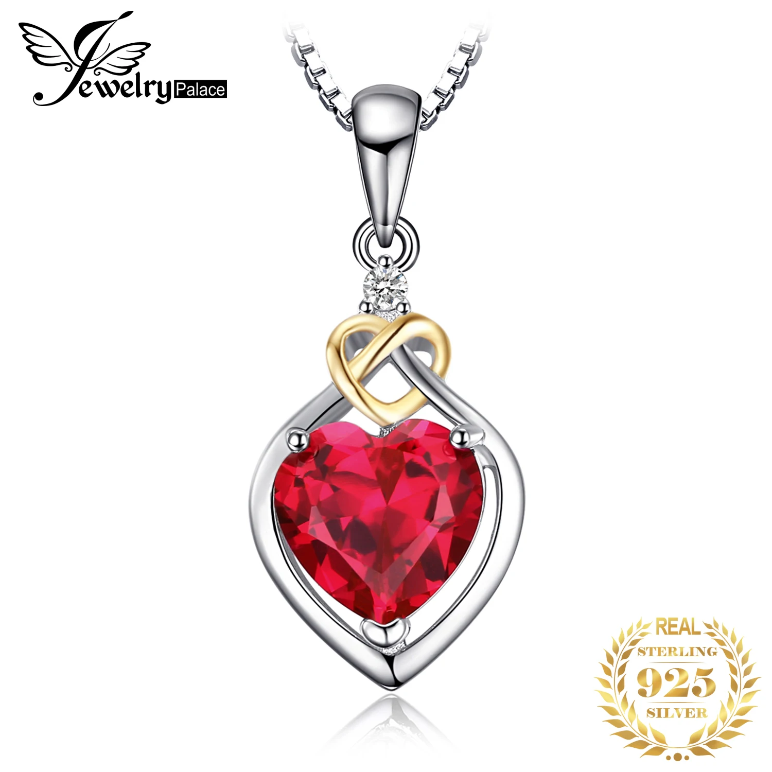 

JewelryPalace Heart Knot Created Red Ruby 925 Sterling Silver Pendant Necklace for Women Gold Gemstone Choker Without Chain