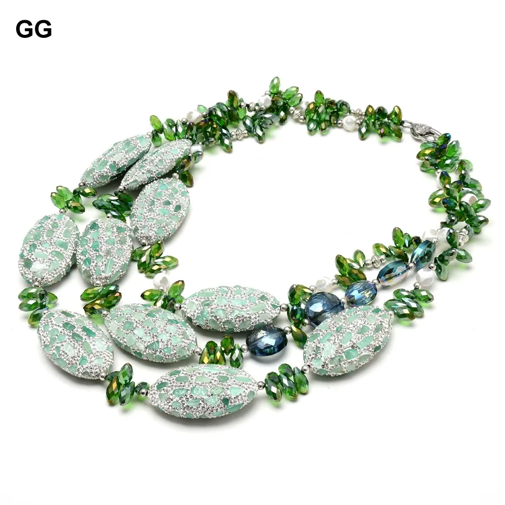 

GuaiGuai Jewelry 20'' 3 Rows Green Crystal Necklace Pave Green Aventurine Beads For Women