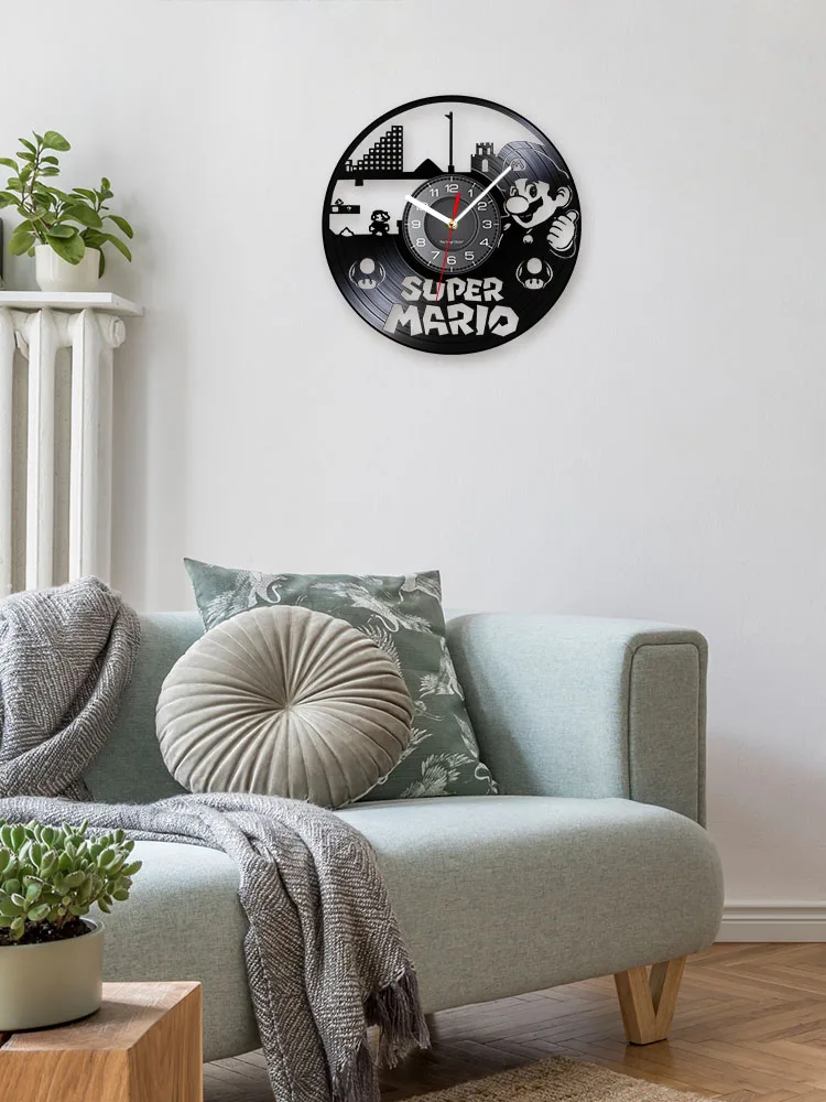 Rétro champignon jeu vidéo Vintage vinyle disque horloge murale pour chambre d'enfants jeu d'arcade re-usage Album enregistrement horloge murale