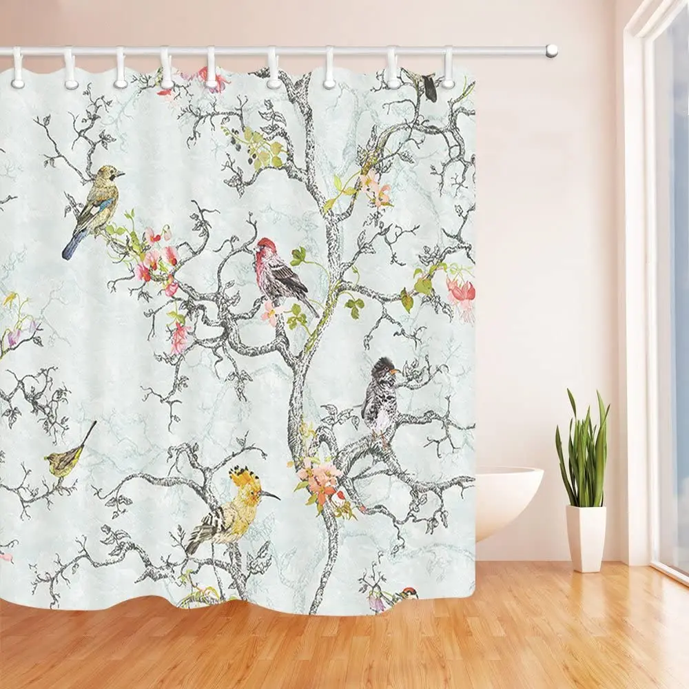 Asian Floral Style Shower Curtain Birds and Flower Tree Branch Plum Blossom White Crane Bathroom Polyester Fabric Bath Curtains