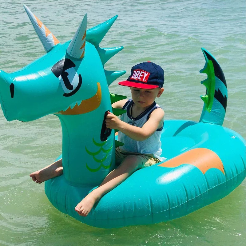 Child Green Dragon Dinosaur Pool Float Inflatable Air Mattress Adult Kids Rider On Summer Water Play Swimming Ring Fun Life Raft