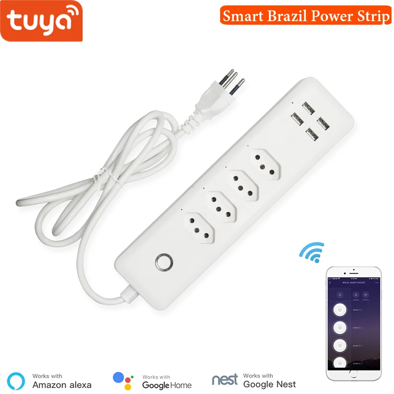 Brasil Smart Regua de Energia, WiFi Outlet With 4 Plugs and 4 USB Ports, Timer Sockets,Works With Alexa Google Home