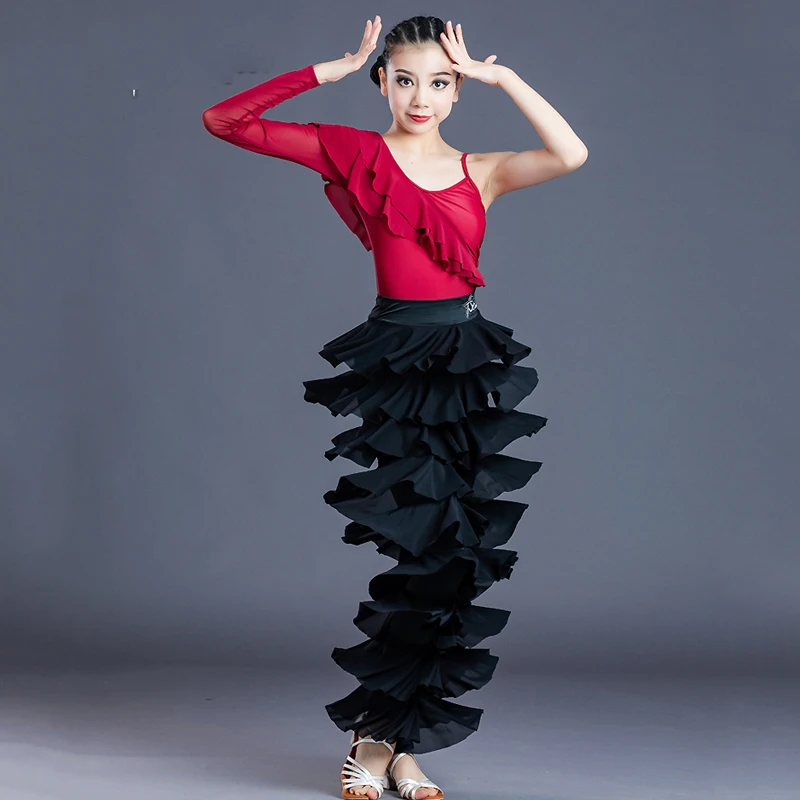 New Kids Stage Dance Clothes Ruffled Single Sleeve Top Flared Pants Girls Latin Dance Dress Ballroom Latin Dance Costume SL572