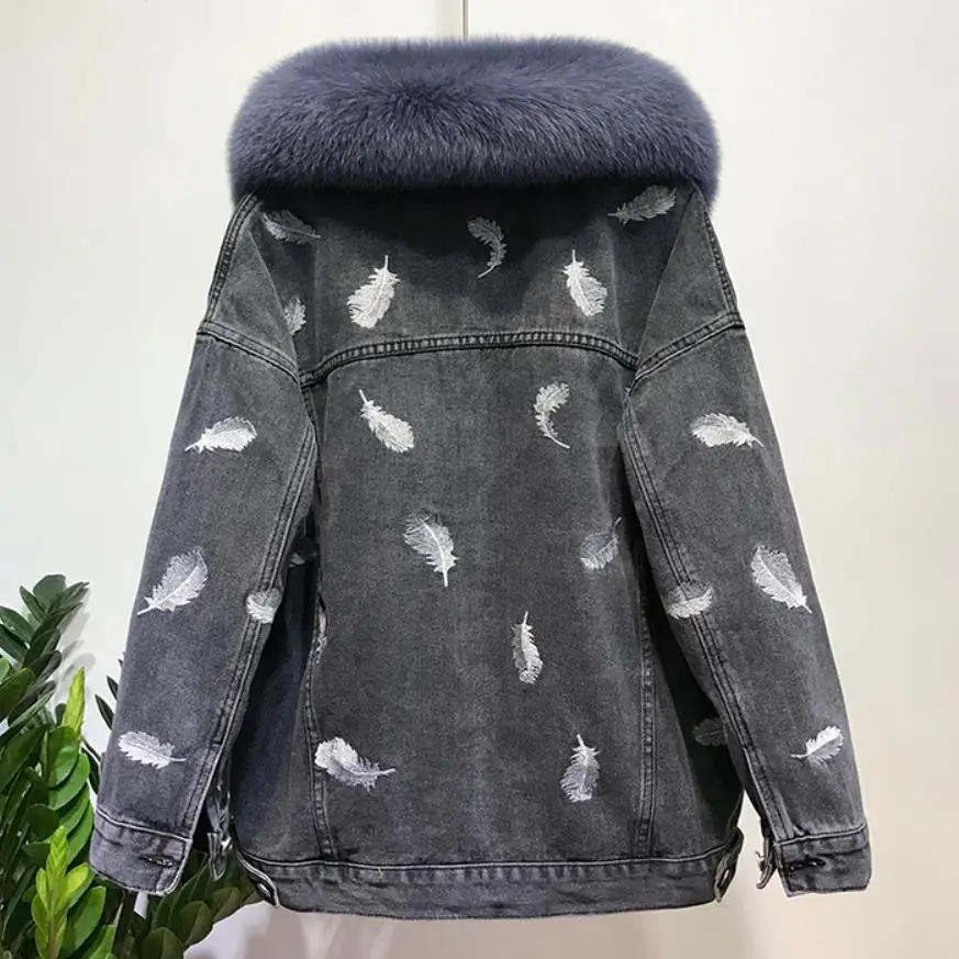 Winter Women's Warm Real Natural Fox Fur coat + Real Rabbit Hair Liner Denim Jacket Female Feather Embroidery Fur Outwear F2464