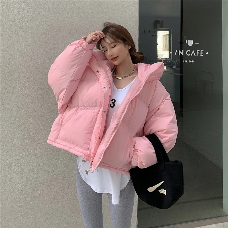 Winter Puffer Cotton-padded Coats Female\'s Oversized Hooded Parka Short Loose Warm Bread Coat Candy Color Cotton Jacket