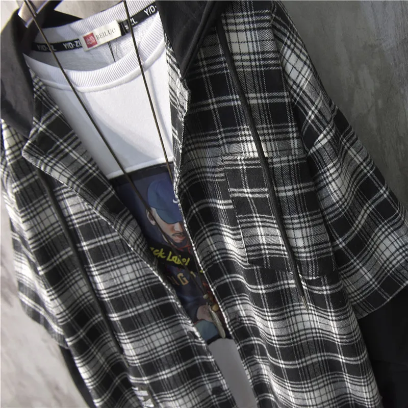 2024 New Fashion Autumn Hooded Collar Plaid Stitching Sweatshirt Men Japanese Tide Drawstring Loose Casual Hoodies 9A145