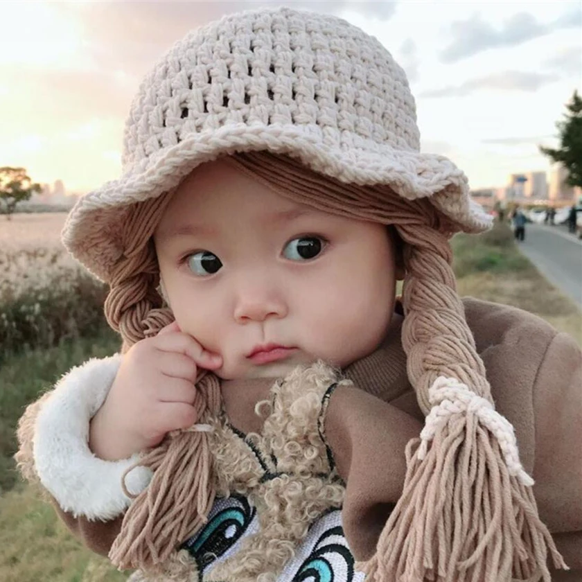 Gorro tejido a mano para niñas de 1 a 5 años, gorros con trenzas, moda de otoño e invierno, accesorios para fotos