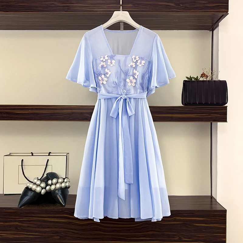 2021 New Women summer Short sleeve embroidery plus size  dress loose casual large floral chiffon print dress 3XL 4XL