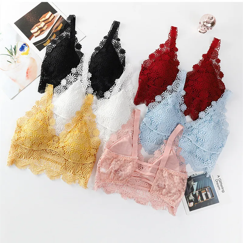 Deep V Lace Bra Tops Wire Free Brassieres Women Underwear Sexy Lingerie Beauty Back Bralette Bras for Women Removable Pads Top