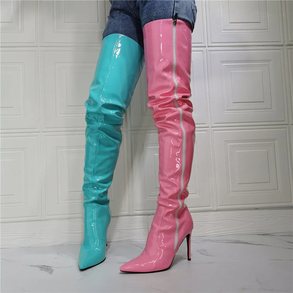 Fashion Blue Pink Patched Pair Thigh Boots Stiletto Heels Over Knee Boots Women Zipper Runway Boots Night Club Stage Boots