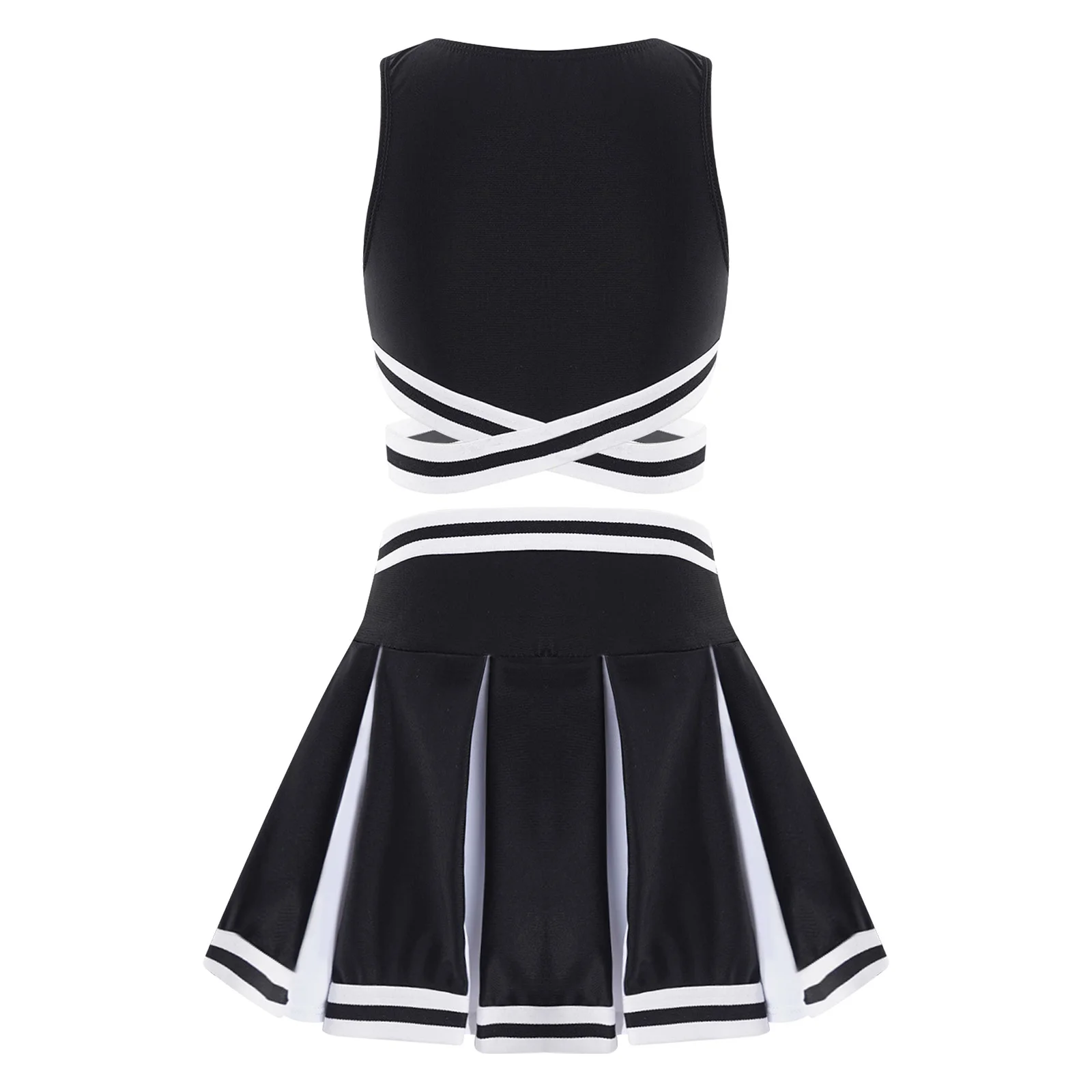 2Pcs Kids Girls Cheerleading Jazz Dance Performance Outfit Sleeveless Cheers Print Crisscross Sash Vest and Pleated Skirt Set