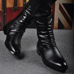 Idopy New Spring Autumn Men Pointed Toe Lace Faux Leather Boots Male Punk Leather High Heels Shoes Zipper Booties