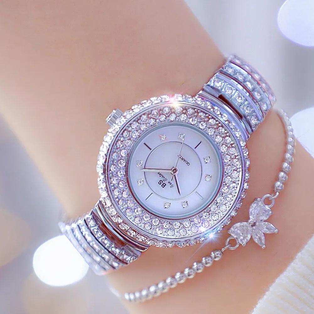 Luxury Korean Women\'s Full Rhinestone Watch Fashion Round Dial Quartz Waterproof Stainless Steel Party Wrist Watch for Wife Gift