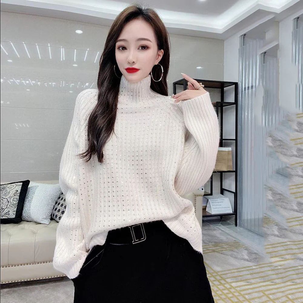 2022 Autumn Winter New Heavy industry hot drilling Turtleneck Collar Long Sleeve Solid Knitting Pulloveres Casual Sweater Women