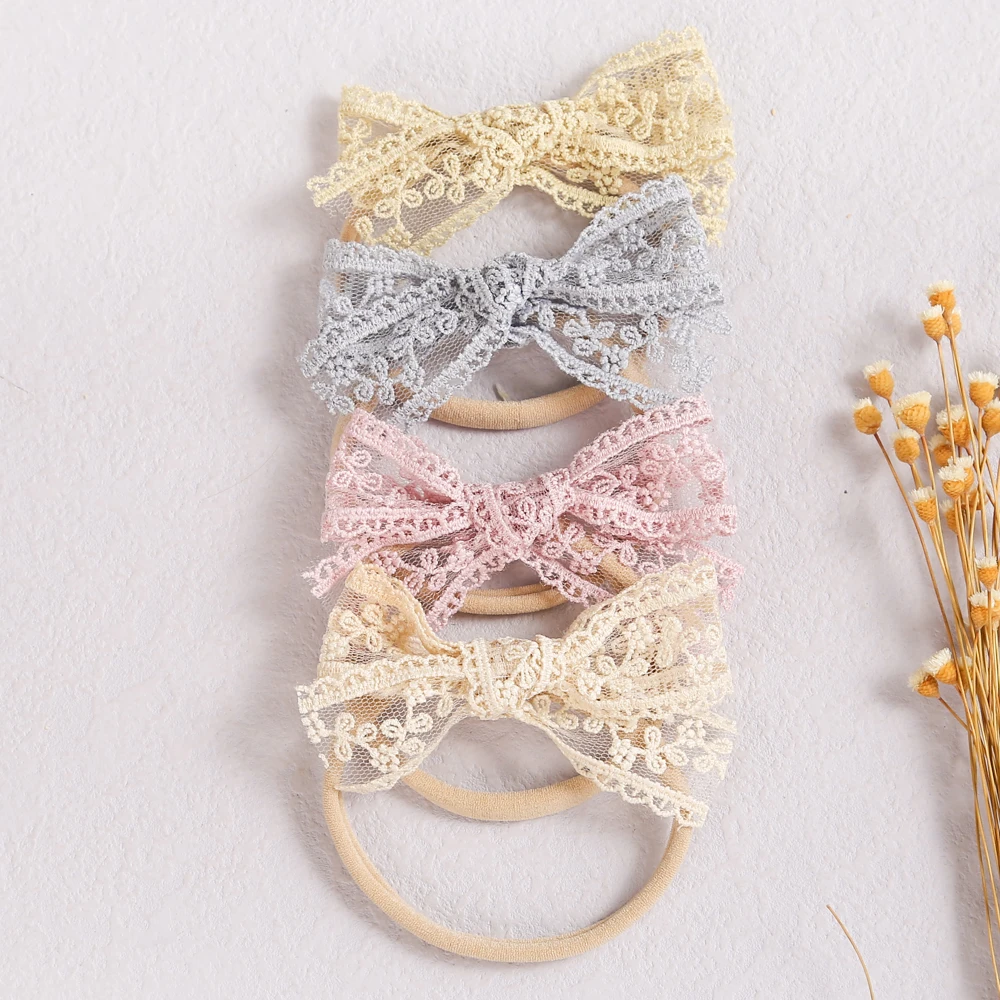 24pc/lot Newborn Lace Bow Nylon Headband Baby Embroidery Bow barrettes Kids Girls Nylon Elastic Hairbands Gifts Hair Accessories