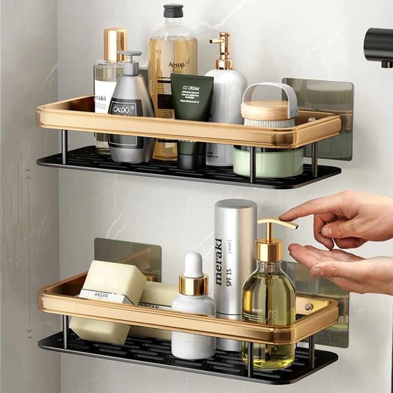 Towel Shower Storage Rack Corner Shelves Wall Mounted Aluminum Shampoo Holder No Drill Bathroom Shelf Gold Black Organizer