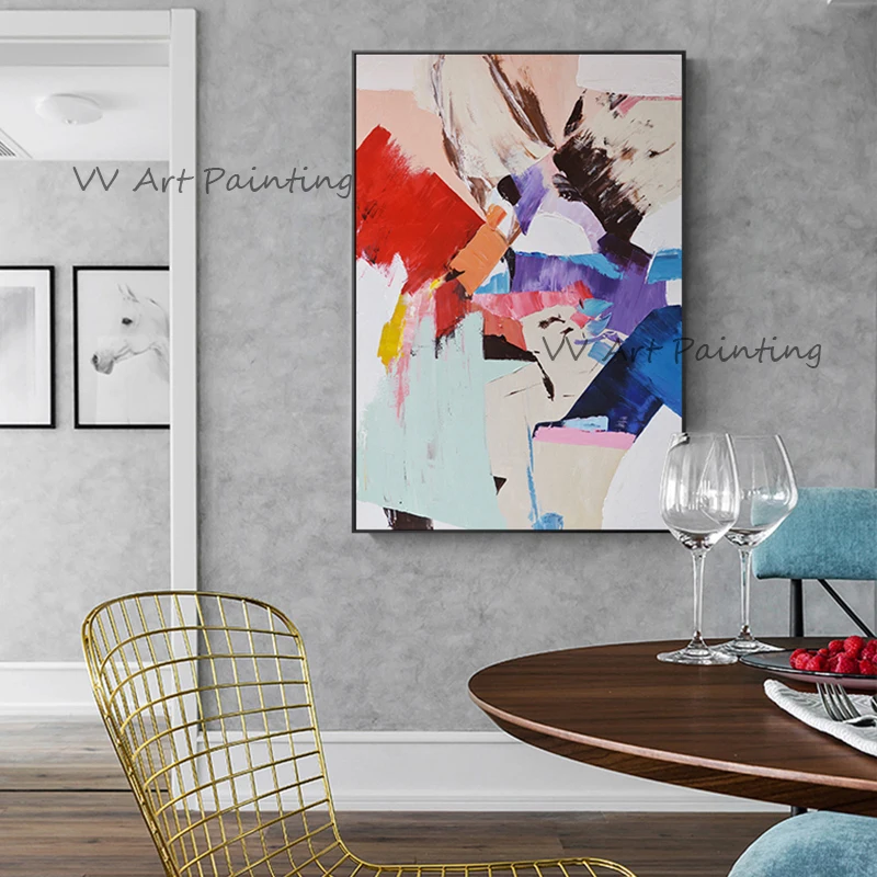 Vibrant Color Block Graphic Canvas Painting, 100% Handpainted Bold Brush Contemporary Art, Modern Dining Room Wall Decoration