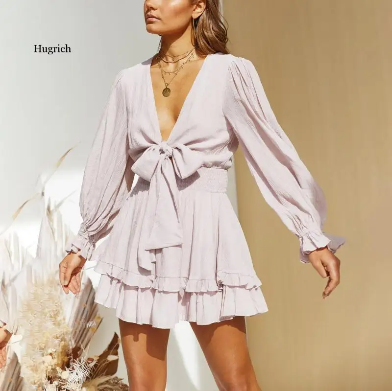 Flared Sleeves Ruffles Sexy Dress Women Spring Autumn Long Sleeve Solid Sashes Dresses