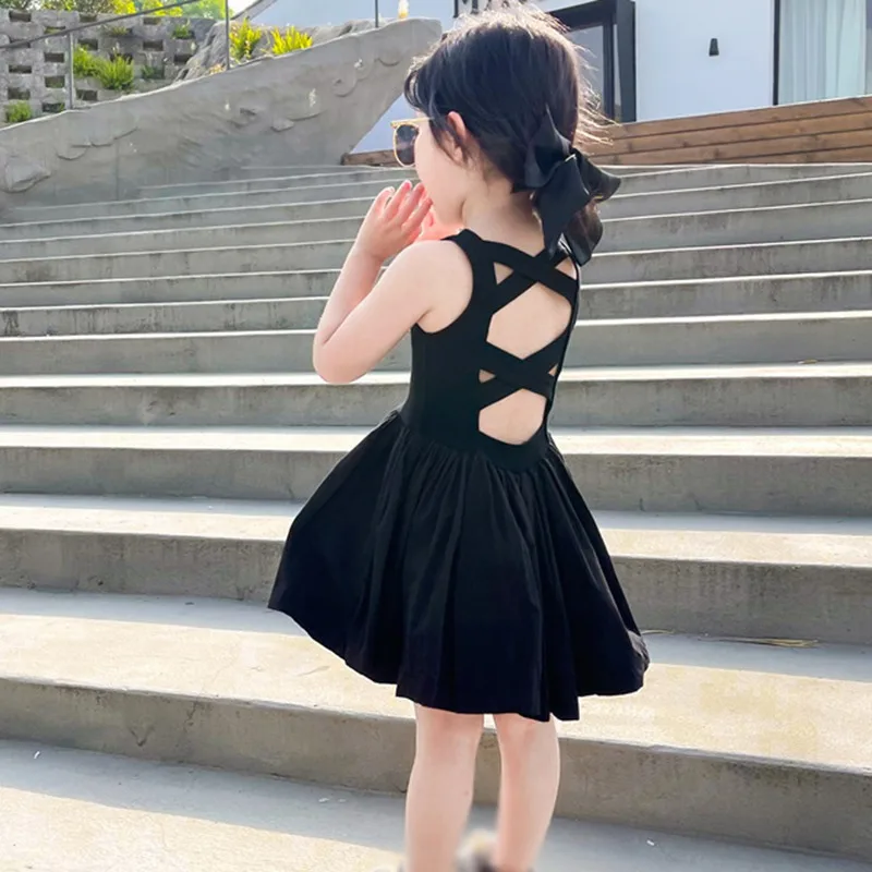 Young Girls Elegant Goth Dresss Black Sleeveless Tutu Dress Backless Off Shoulder Party Kid Dresses 1 2 3 4 5 6  Years Old