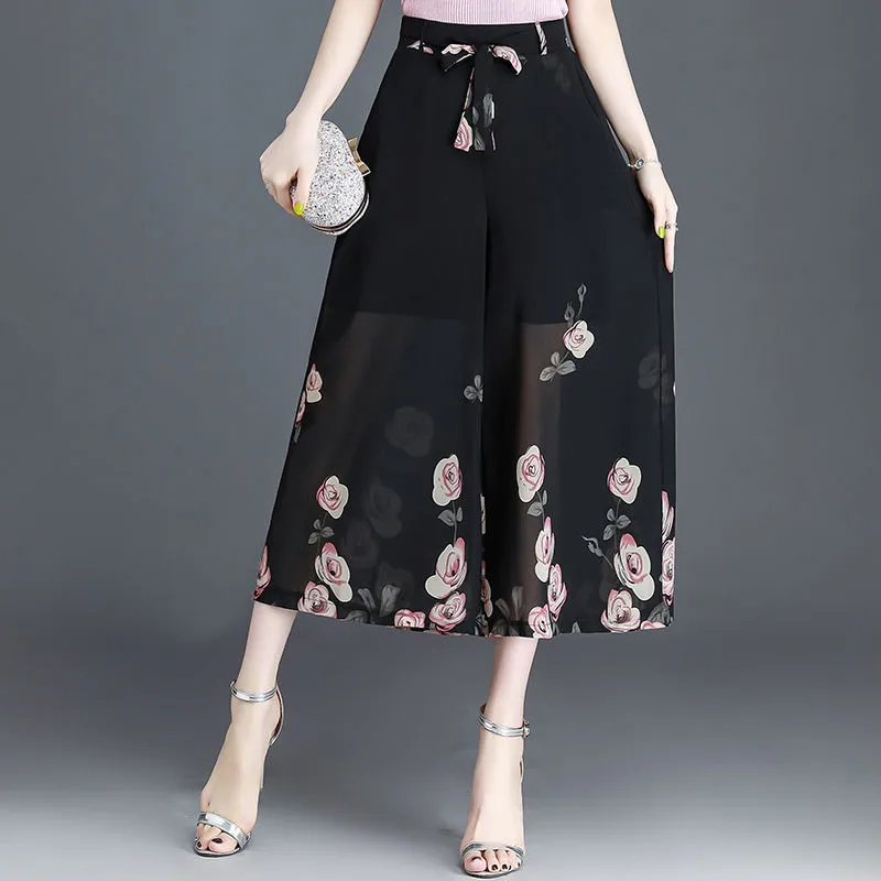 Chiffon Printed Wide Leg Trousers Skirt Pants Women\'s Summer 2021 New High Waist Loose Ankle-length Pants Thin Pants Women 145