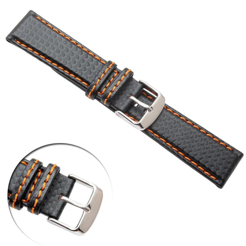 New 18mm 20mm 21mm 22mm 23mm Durable Orange Stitching carbon Fiber mens black genuine leather with silver clasp watchband strap