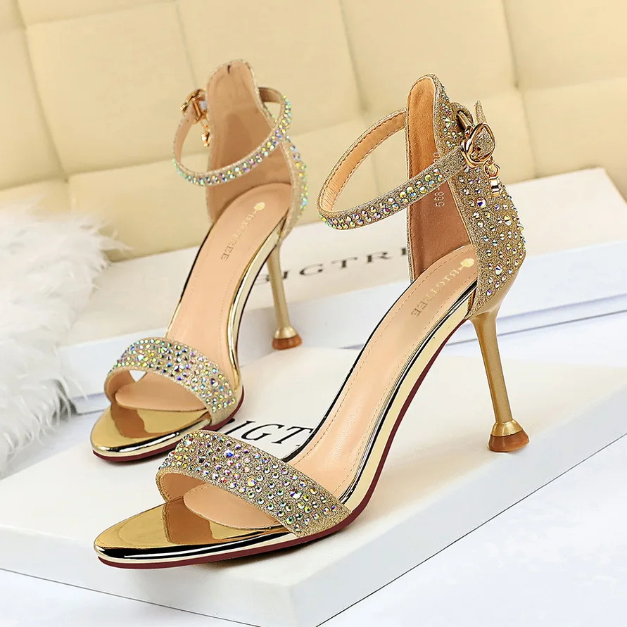 2020 European and American Style Sexy Banquet Summer High Heels Shoes Fine), High Heel Open Toe Rhinestone Field Strap Sandals