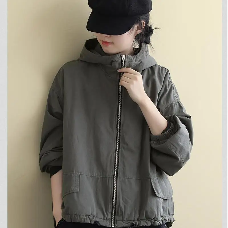 

2021 New Female Autumn and Winter Jacket Loose Long-sleeved Hooded Jacket New Solid Color Wild Casual Warm Jacket Women A03260