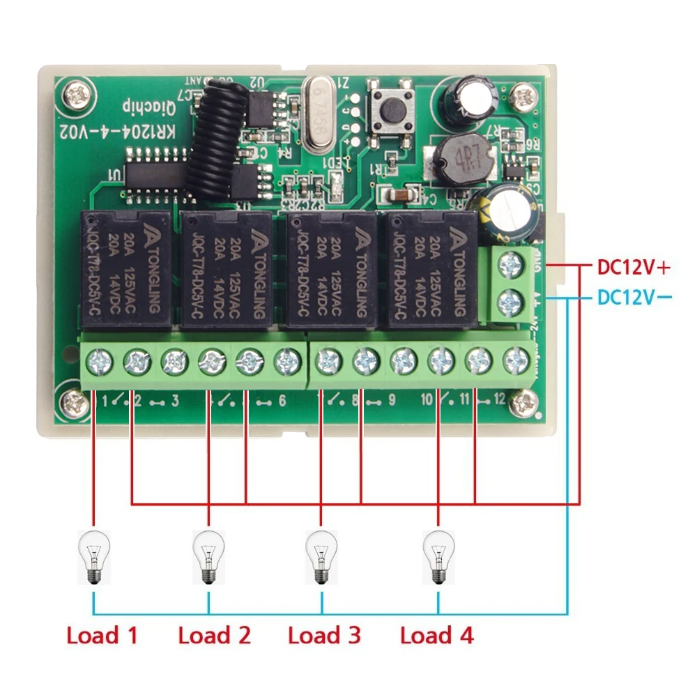 433MHz Receiver Module Wireless Remote Control Switch Motor Controller DC 6V 12V 24V 30V 4 Gangs Relay