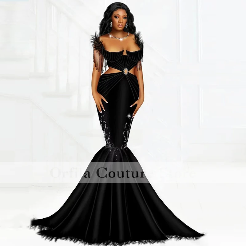 Schwarz Meerjungfrau Abendkleid 2022 Nigerian Stile Satin Feder Weg Schulter Cutway Seite Formale Aso Ebi Party Kleider Prom Kleider