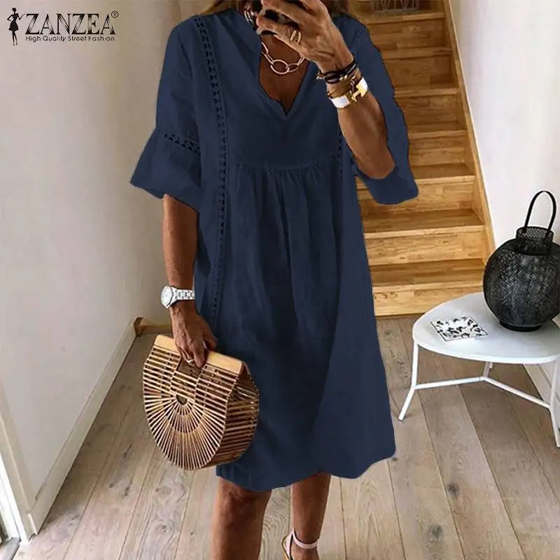 ZANZEA Summer Bohemian Lace Dress 2023 Women\'s V Neck Flare Sleeve Sundress Female Hollow Patchwork Robe Femme Tunic Vestidos