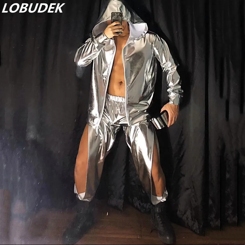 Bar Men Singer Dancer Hip Hop Performance 2 Piece Silver PU Leather Hooded Jacket Hollow Out Pant Set Stage Street Dance Costume