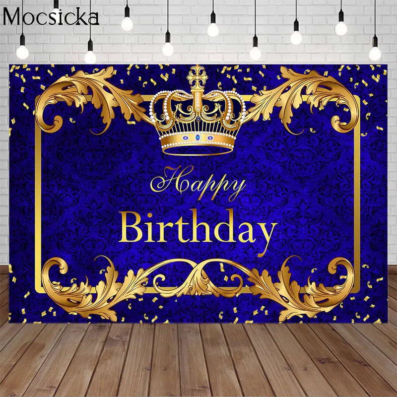 

Mocsicka Happy Birthday Backdrop Royal Boy Theme Little Prince Crown Birthday Background Party Decorative Prop Photobooth Banner