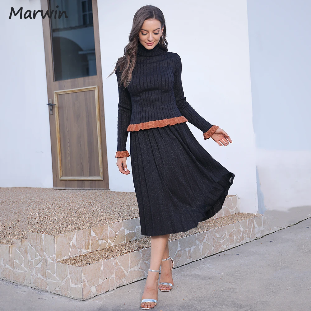 Marwin New-Coming Spring Autumn Solid Turn-down Collar Sweater Top Mid-Calf Skirts Outfit England Style Two Pieces Women‘s Sets