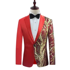 Men Suit Splicing Gold Leaf Sequined Blazer Host Emcee Formal Wedding Causal Stage Singer Party Costume Homme