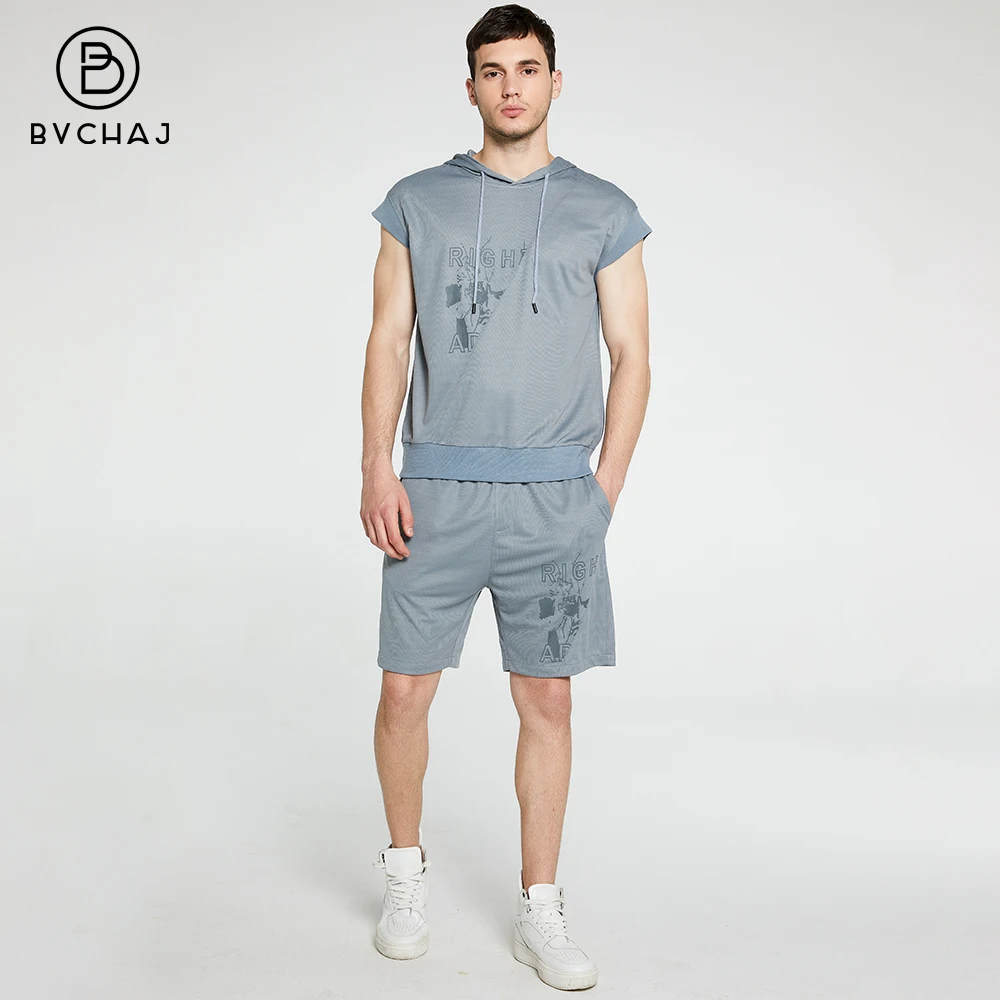 Zomer Mannen Hooded Sportsuit 2 Stuk Mouwloos Vest Jogging Print T-shirt + Fitness Shorts Sneldrogende Sportkleding Casual menwear