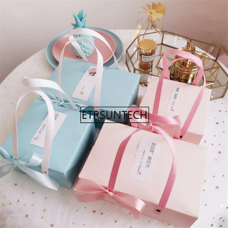 

100pcs/lot Bule Pink Cake Food Kraft Paper Box With Handle Boxes Christmas Birthday Wedding Party Candy Gift Packing wholesale