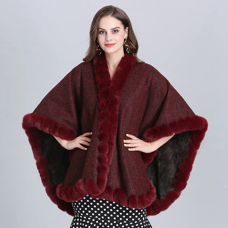 SWYIVY-Poncho cape en fourrure de renard pour femme, grand col en gel, pardessus en cachemire tricoté Everak, robe de soirée en fourrure, châle enveloppant, nouvelle mode, hiver