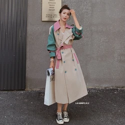 2022 Vintage Patchwork Windbreaker For Women Lapel Long Sleeve High Waist With Sashes Lace Up Bowknot Coat Female Autumn FY155