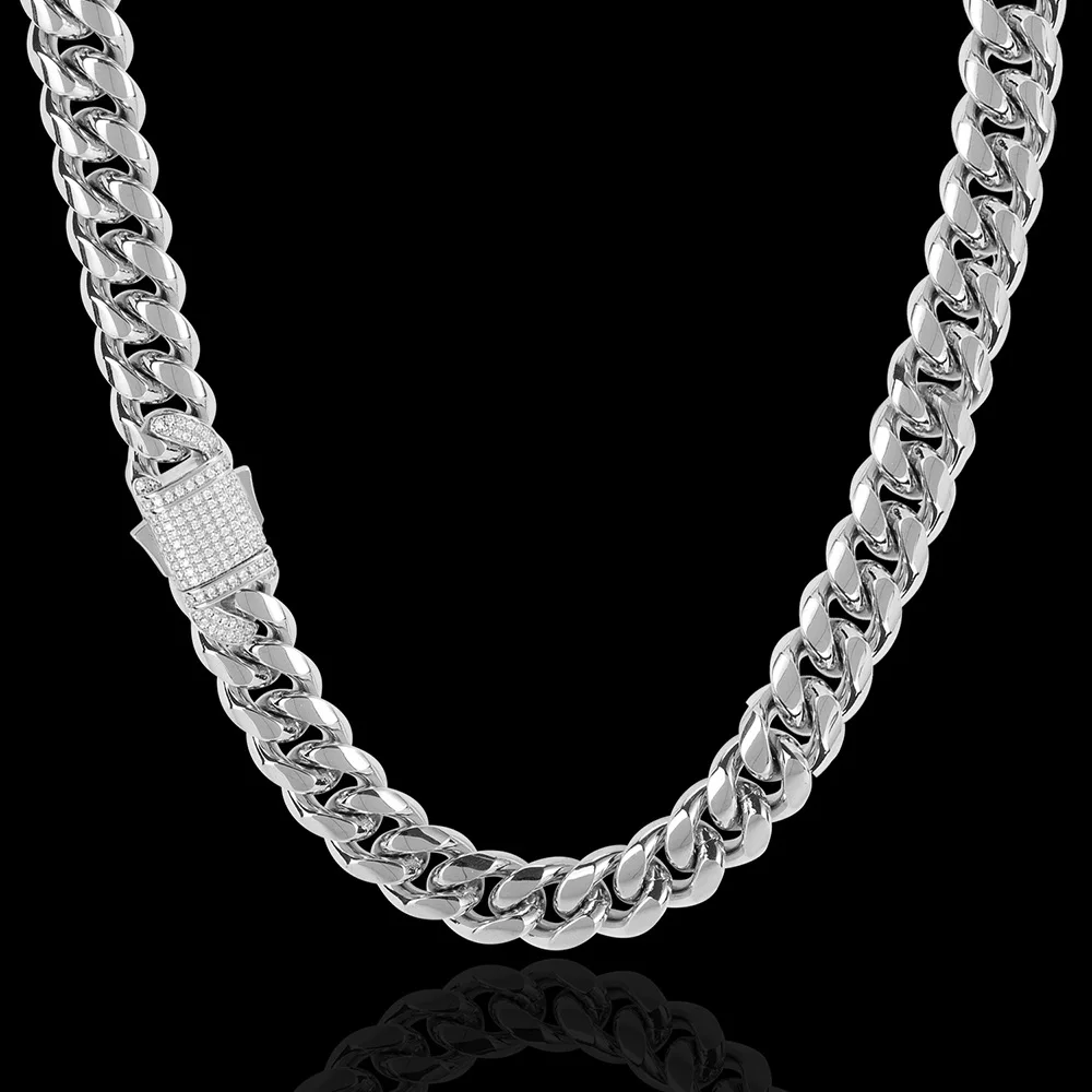 HIP Hop Claw Set 3A+CZ Stone Bling Iced Out 12mm Stainless Steel Round Cuban Miami Link Chain Necklaces for Men Rapper Jewelry