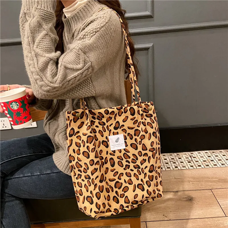 Women Corduroy Shoulder Bags Canvas Lining Leopard Design Eco