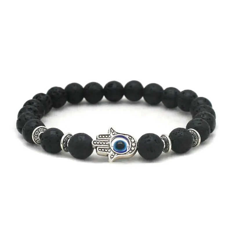 Unisex Natural Matte Lava Stone Bracelet Simple Fatima Hand Evil Eye Bead Bracelets for Men Women Charm Jewelry Male Pulsera