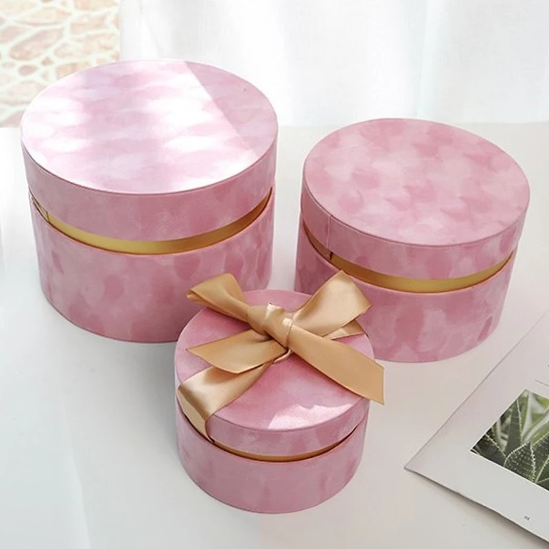 Round Velvet Flower Hat Box with Bowknot and Lid Luxury Gift Boxes Rose Bouquet Arrangement Gift Surprise Box Floristry DIY