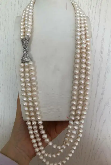 triple strands 9-10mm south sea round white pearl necklace 30-32inch