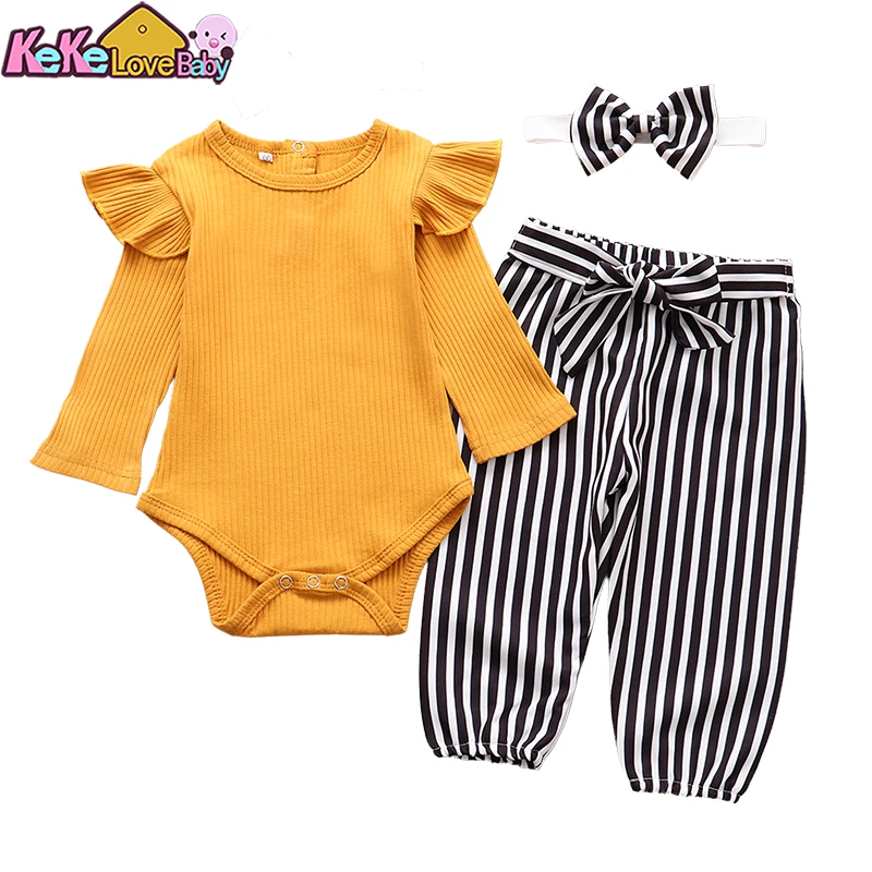 Newborn Baby Girl Clothes Set Autumn Long Sleeve Solid Color Ruffle Romper Striped Pants Headband 3Pcs Infant Outfits Clothing