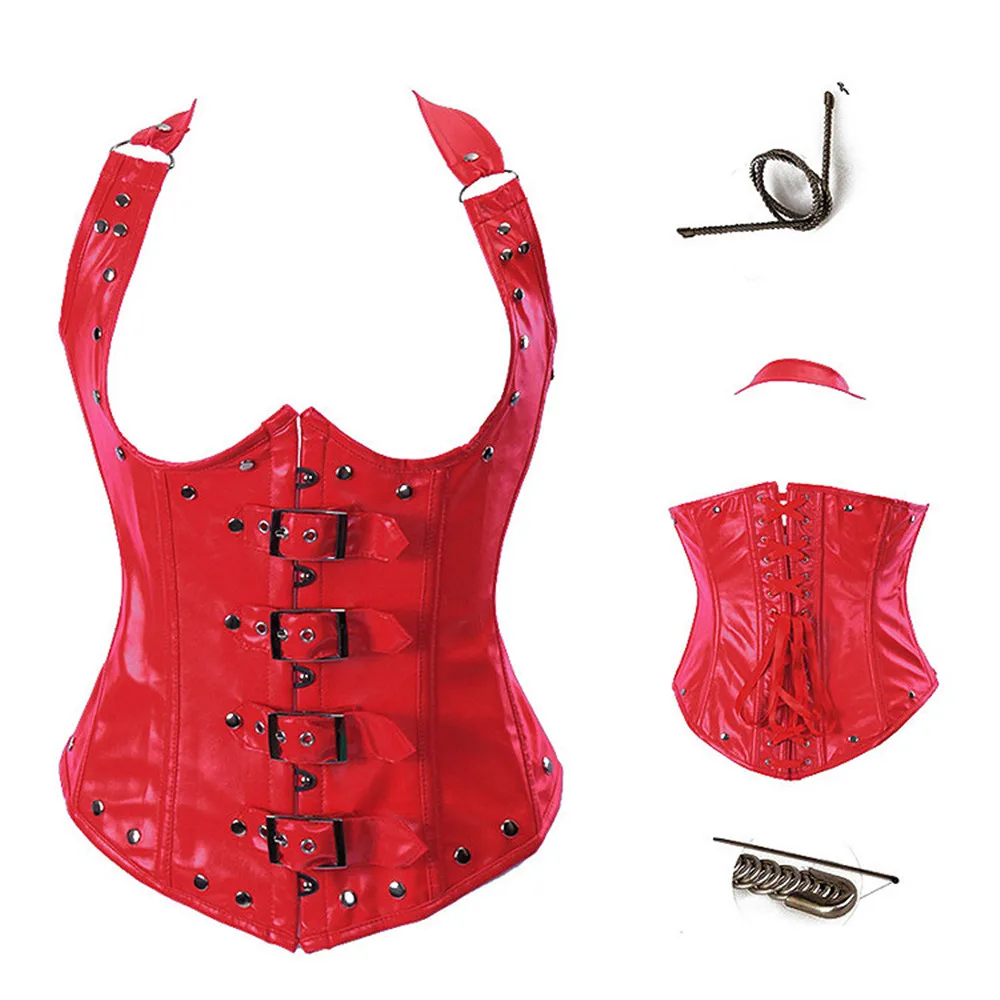 

Steampunk Faux Leather Corset Sexy Halter Steel Bone Underbust Corset Tops Waist Trainer Bustiers Plus Size 6XL Red Black