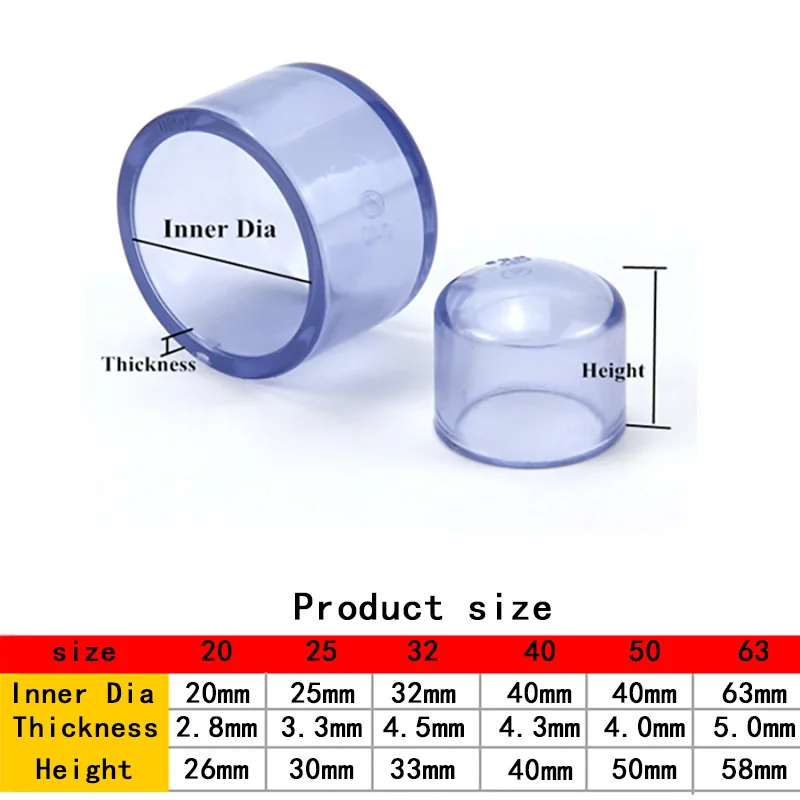 Przezroczyste pcv zaślepka do rury akwarium ogrodowe złącza wodne UPVC wtyk rurowy części do wody pitnej średnica wewnętrzna 20 -63mm
