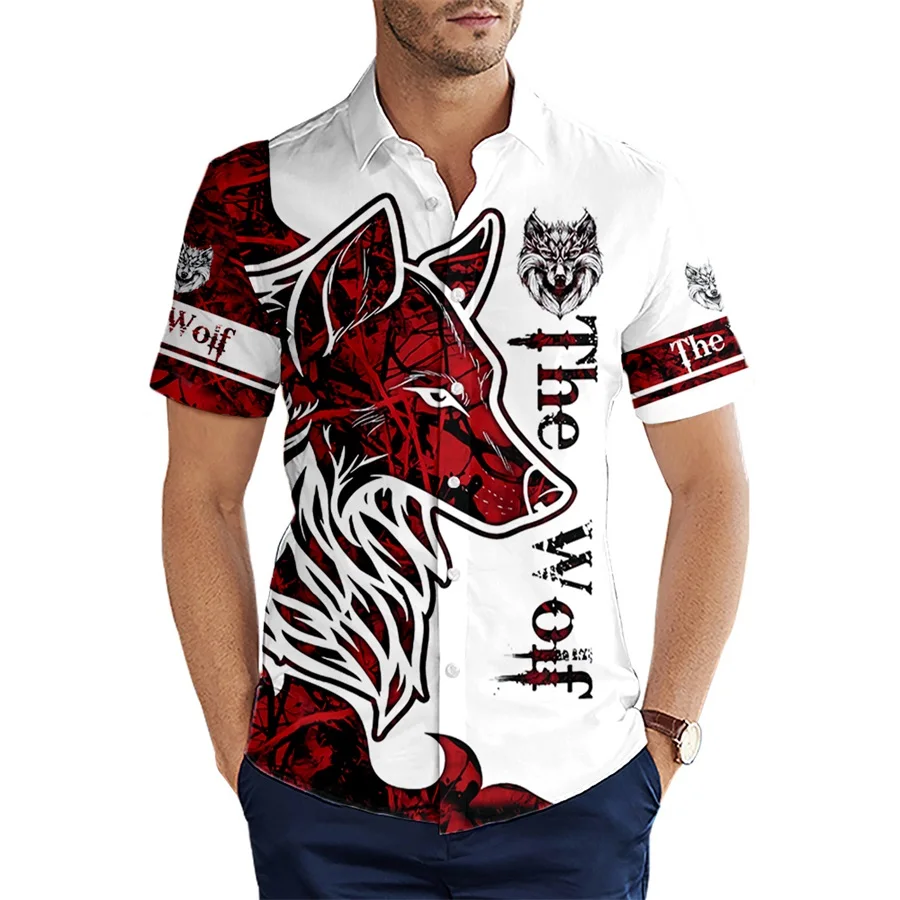 

2021 Summer Short sleeve Shirts Animal Wolf Tattoo Red Pattern 3D All Over Printed Hawaiian Shirt Mens Casual Beach Shirt