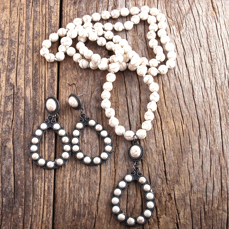 RH Fashion Boho Jewelry Set White / Blue Long Knotted Drop Necklace Earring Set Women Gift Dropship