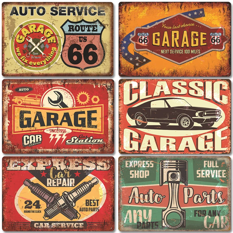 Dad's Garage Metal Tin Signs Poster Vintage Route 66 Car Metal Tinplate Retro Plaque Garage Tire Shop Wall Art Decor 20x30cm